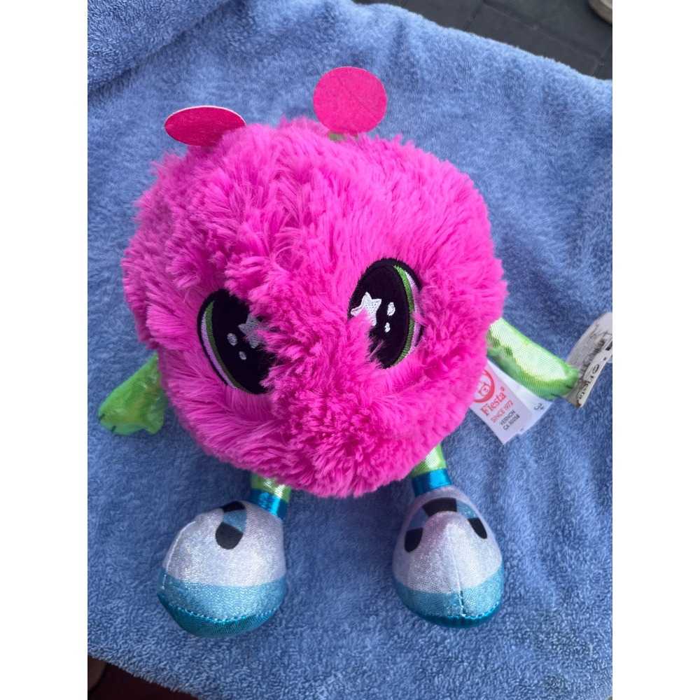 Fiesta Space Ball Plush Alien Hot Pink Fuzzy Stuffed Toy Metallic Green Silver